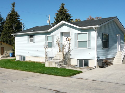 A house with a blue front and a tree in the background.