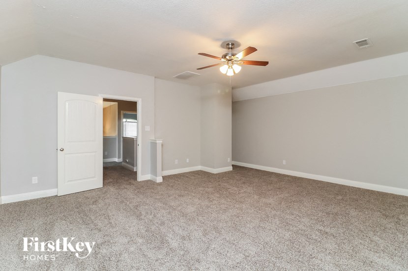 A spacious room with a ceiling fan and carpeted floor.