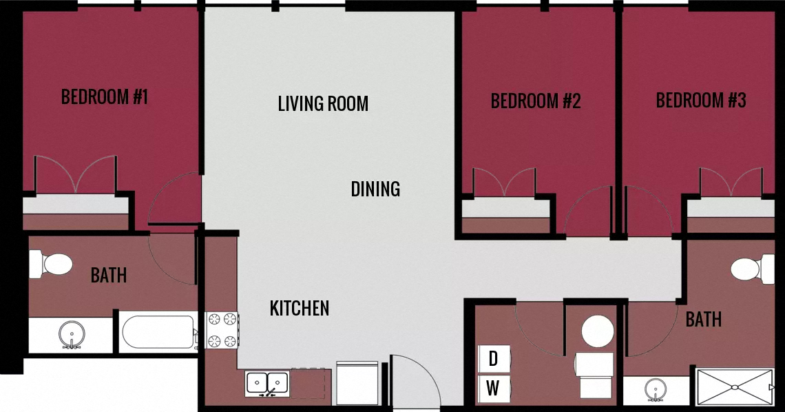 3 Bedrooms 1BA