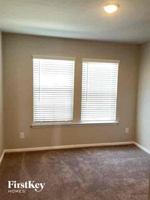 a living room with two windows and a carpet