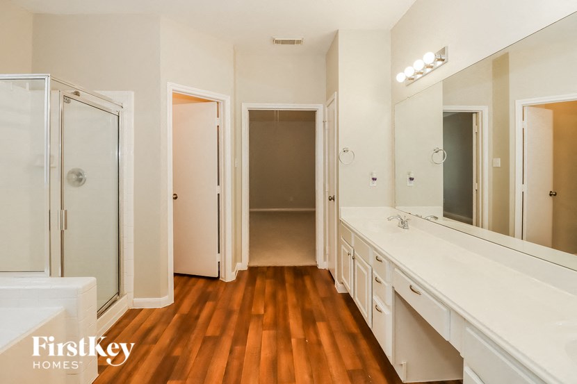 a bathroom with a sink and a mirror and a shower