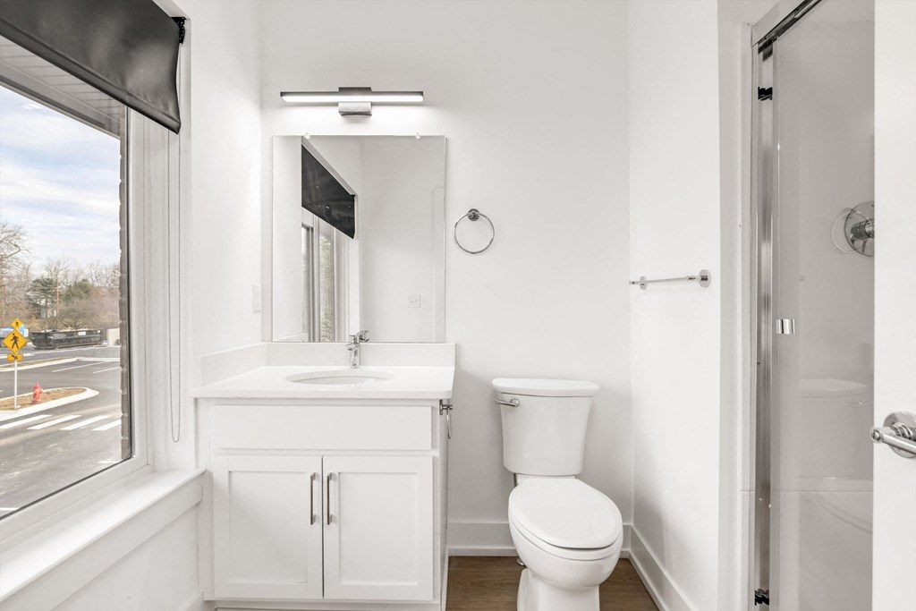 a bathroom with a sink toilet and a window