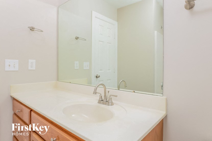 a bathroom with a sink and a large mirror