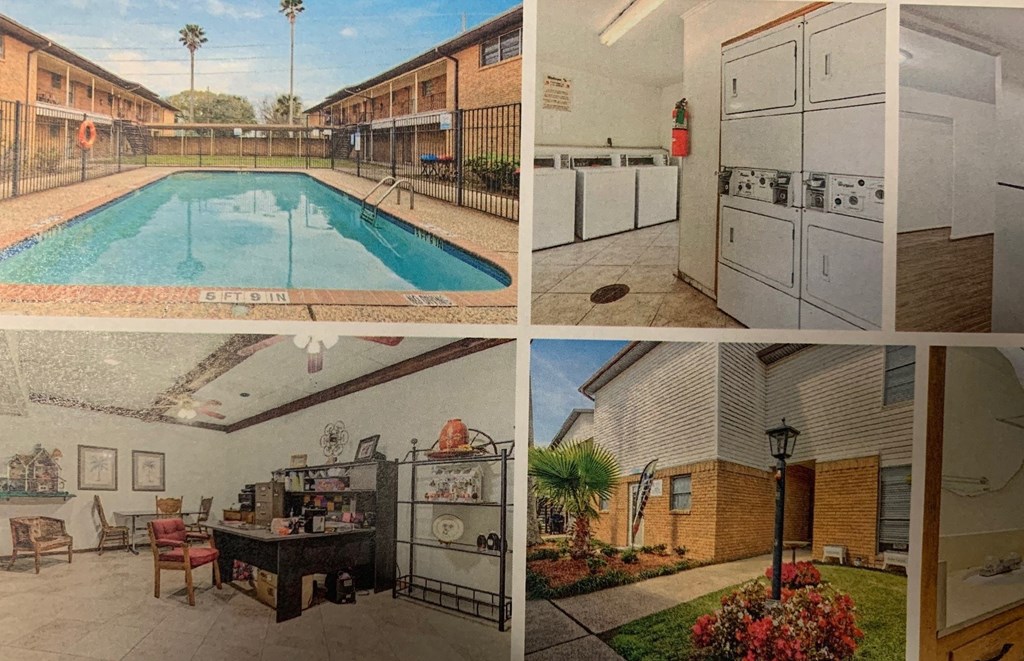 a collage of photos of a pool and a kitchen in a house