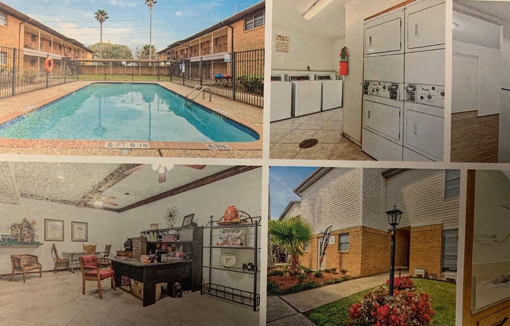 a collage of different pictures of a pool and a house
