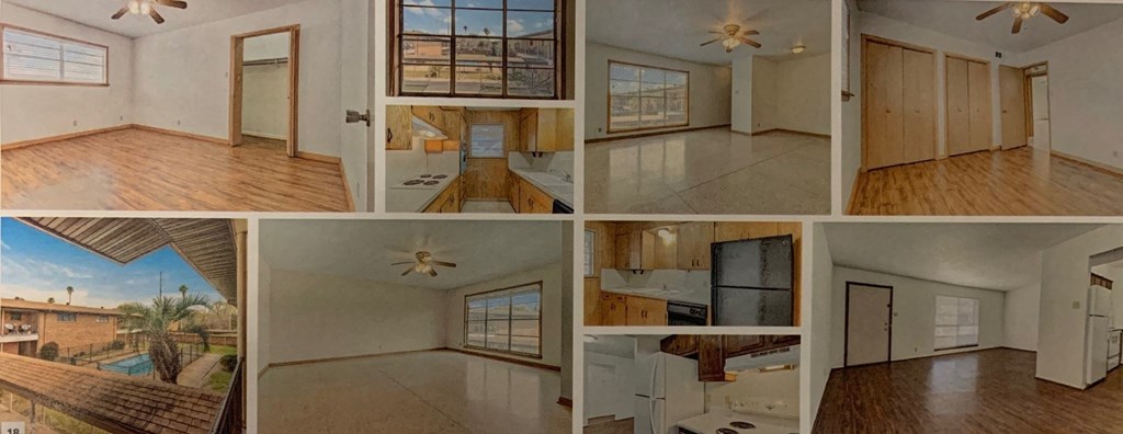a collage of photos of an empty living room and a kitchen