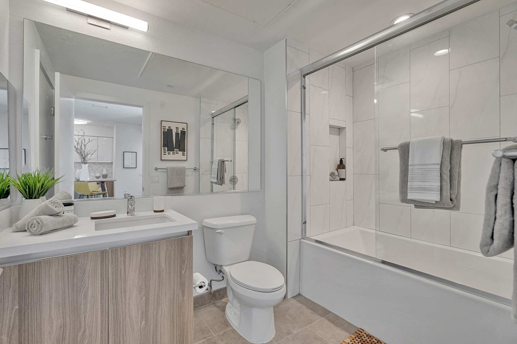 a bathroom with a shower toilet and a sink