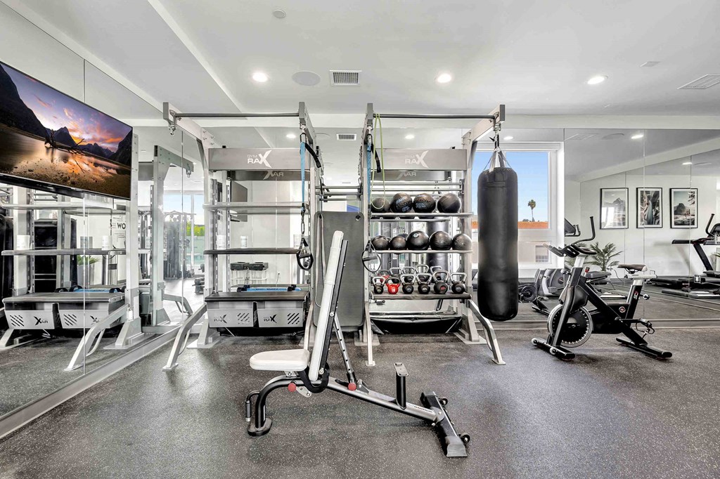a home gym with weights and a punching bag