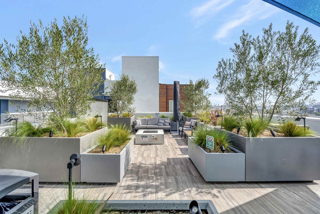 a rooftop patio with a fire pit and plants
