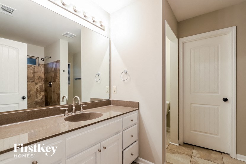 a bathroom with a sink and a large mirror