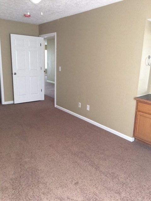 a carpeted living room with a door and a kitchen