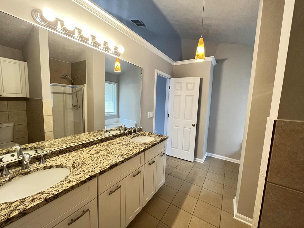 a bathroom with two sinks and a large mirror