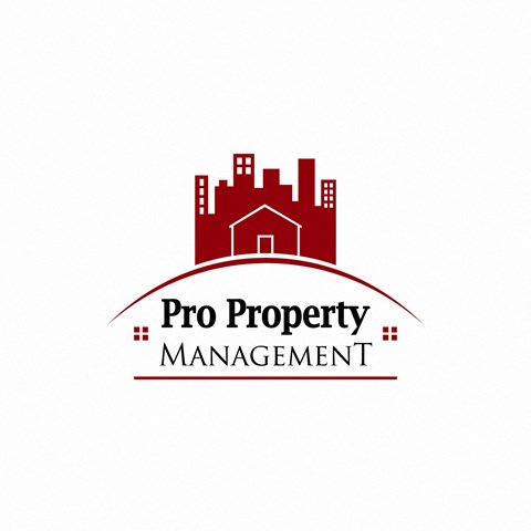 A logo for Pro Property Management featuring a stylized cityscape.