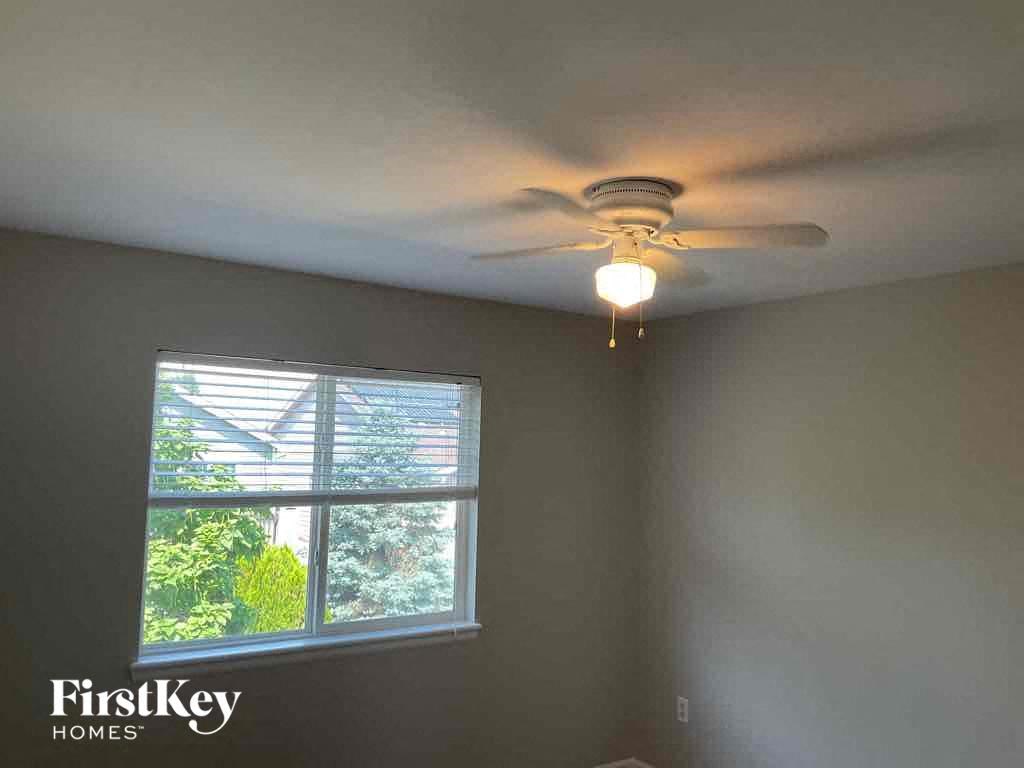 A room with a ceiling fan and a window showing trees outside.