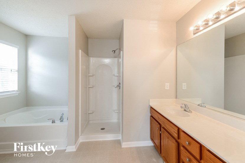 a bathroom with a sink and a shower and a bath tub