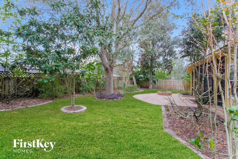 a backyard with green grass and trees and a pathway