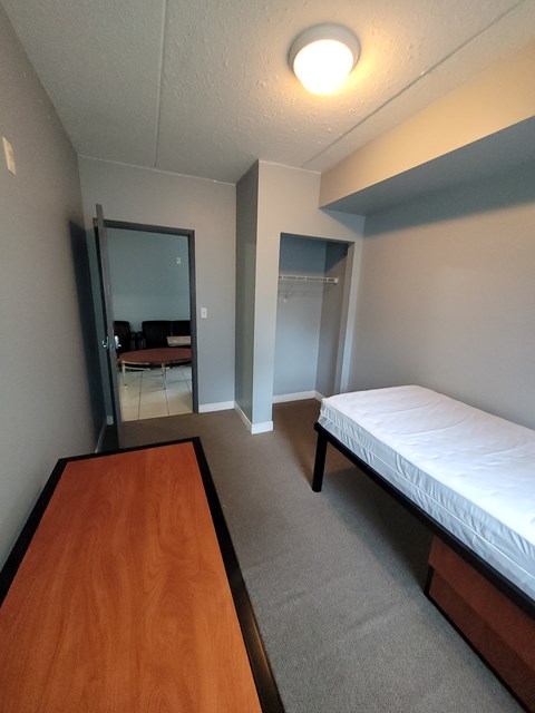A bedroom with a bed, dresser, mirror and desk.