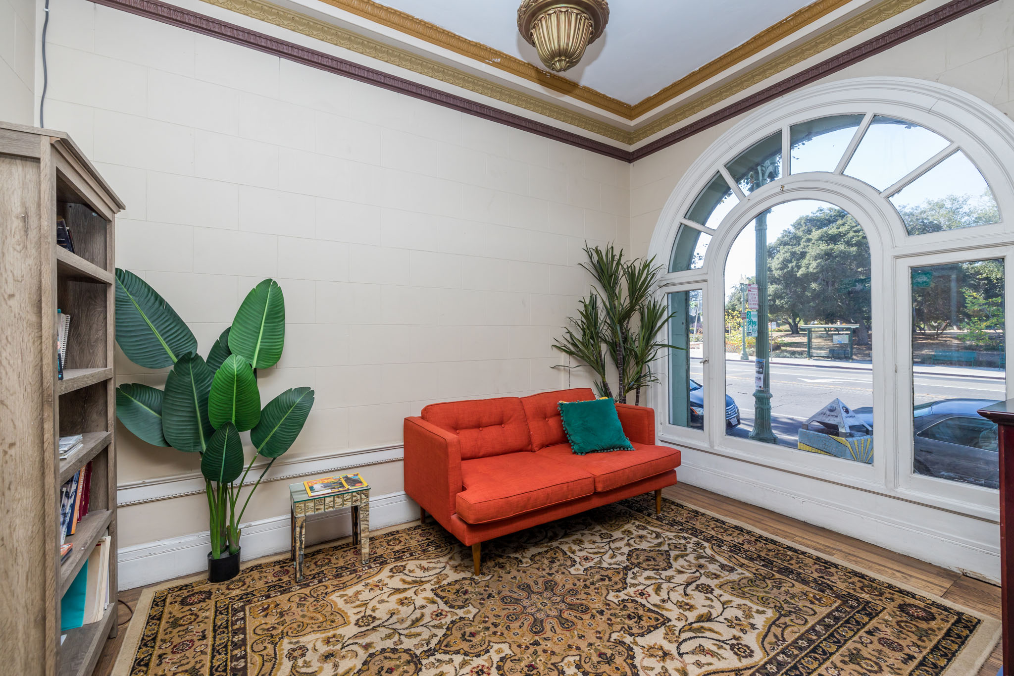 A living room with a red couch, a potted plant, and a rug.