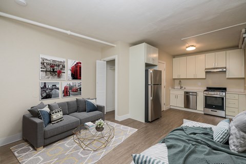 A living room with a grey couch and a coffee table.