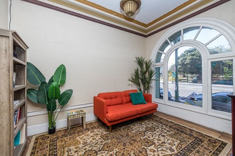 A living room with a red couch, a potted plant, and a rug.