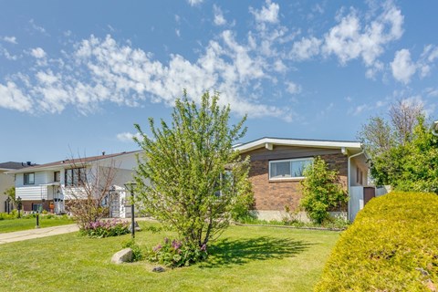 a house with a green lawn and a tree in front of it