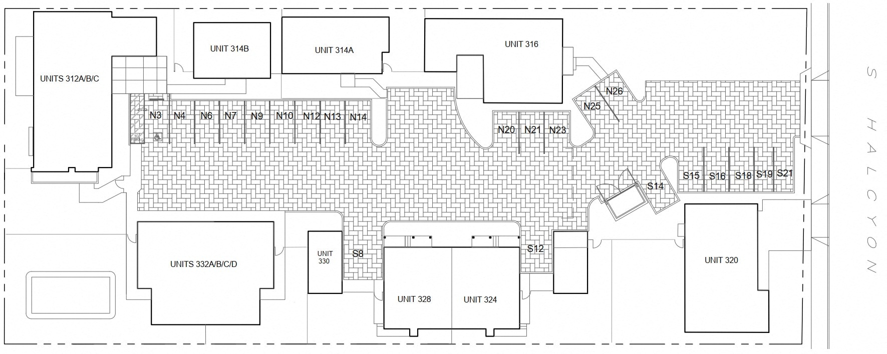 A floor plan of a building with labeled rooms and units.