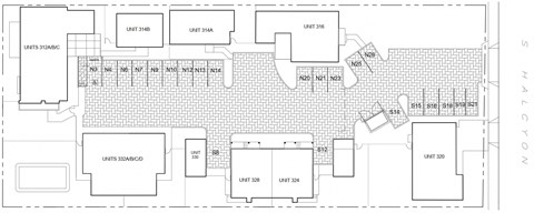 A floor plan of a building with labeled rooms and units.