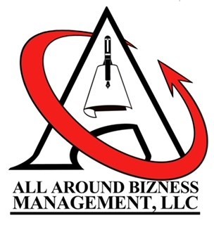 A logo for All Around Business Management, LLC, featuring a bell and a red circular arrow.