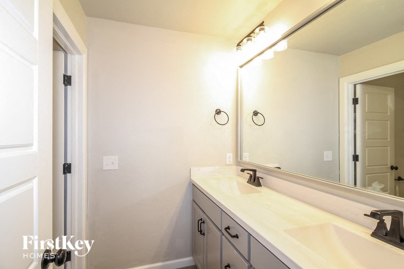 a bathroom with a sink and a mirror and a shower