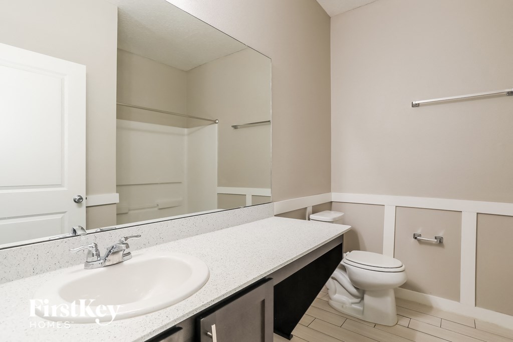 a bathroom with a sink and a toilet and a mirror