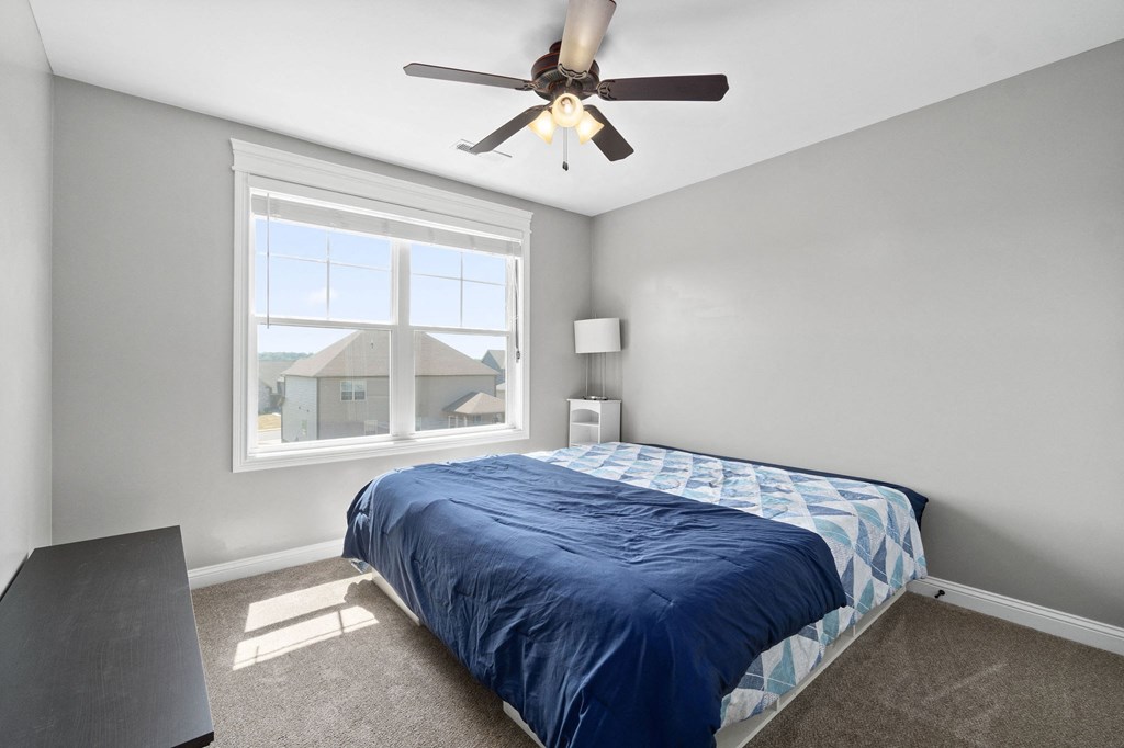 a bedroom with a bed and a ceiling fan