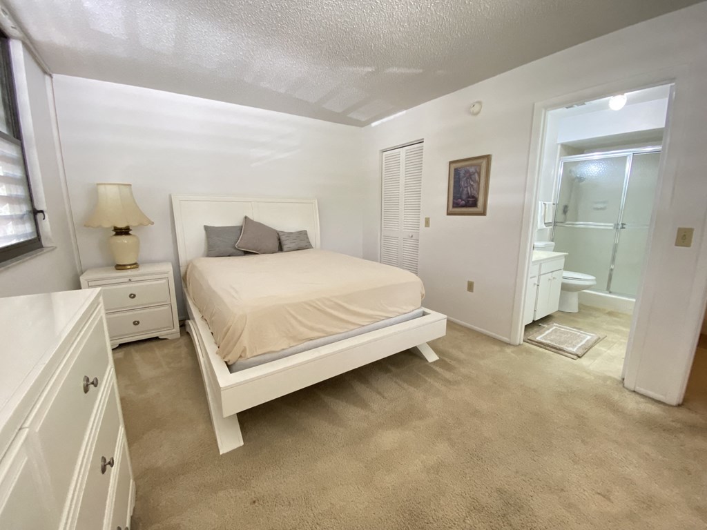 a bedroom with a bed and a bathroom with a shower