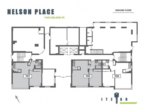 A floor plan for Nelson Place shows the layout of rooms 101, 102, and 103.