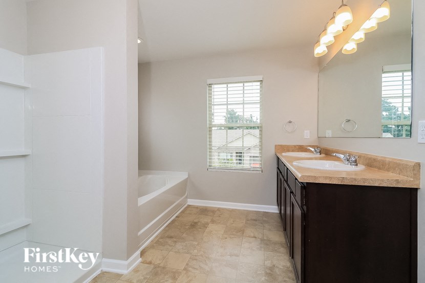 A bathroom with a sink, mirror, and lighting fixture.