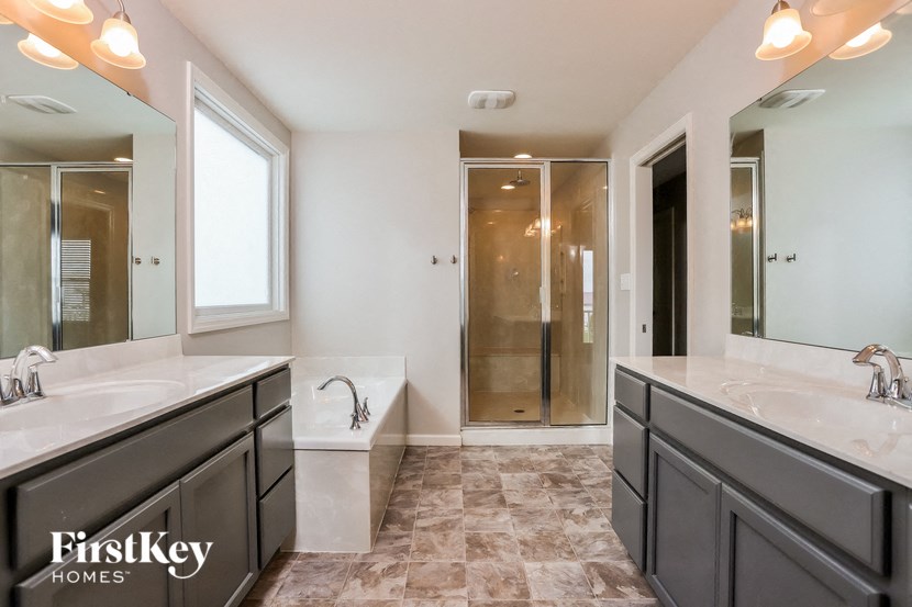 the master bathroom has dual sinks and a large shower