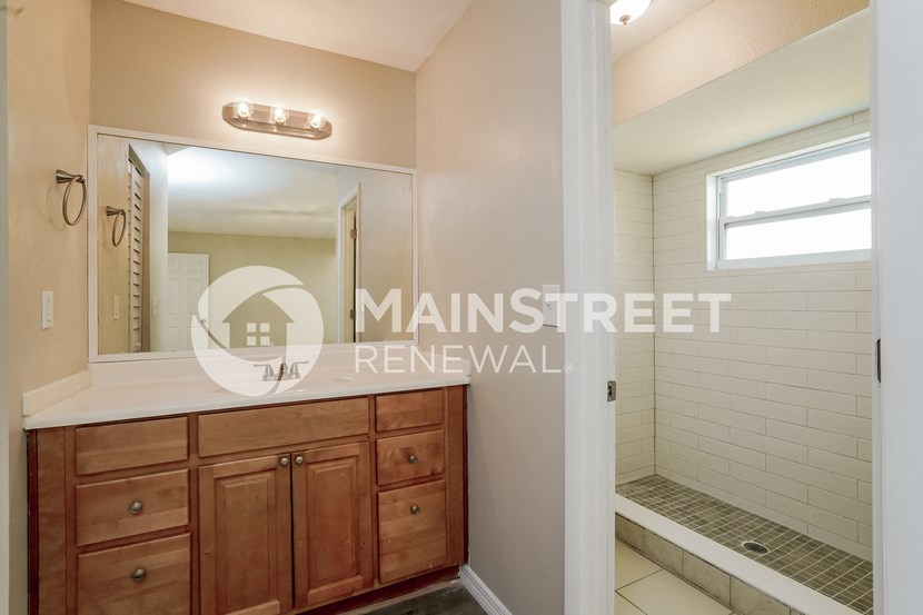 a bathroom with a vanity and a shower and a mirror