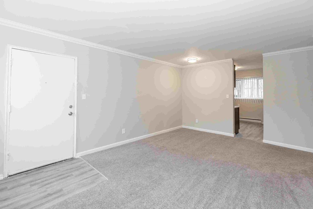 an empty living room with white walls and a white door