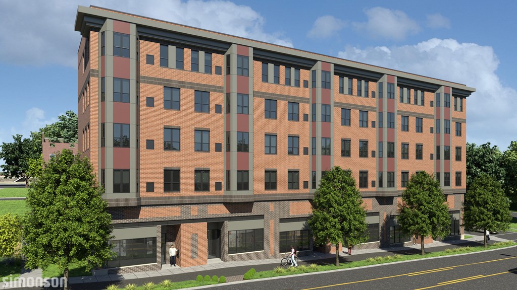 a rendering of an apartment building on a city street