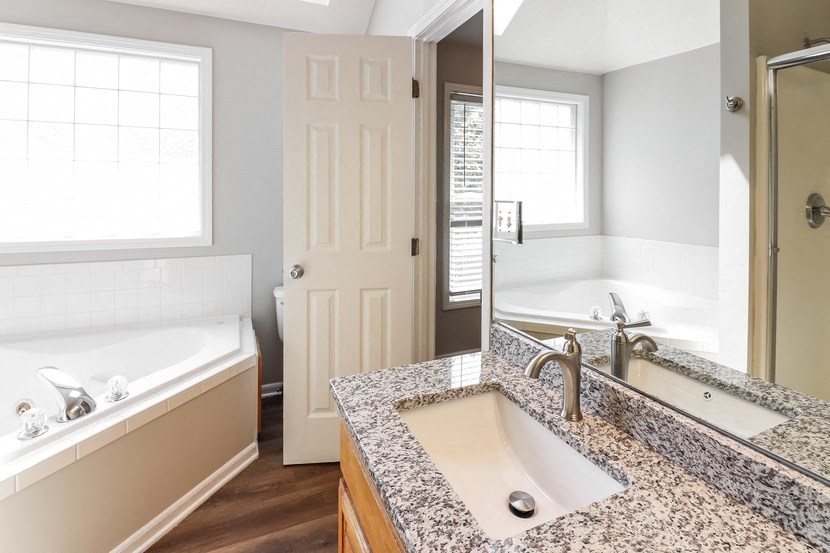 a bathroom with a sink and a tub and a mirror