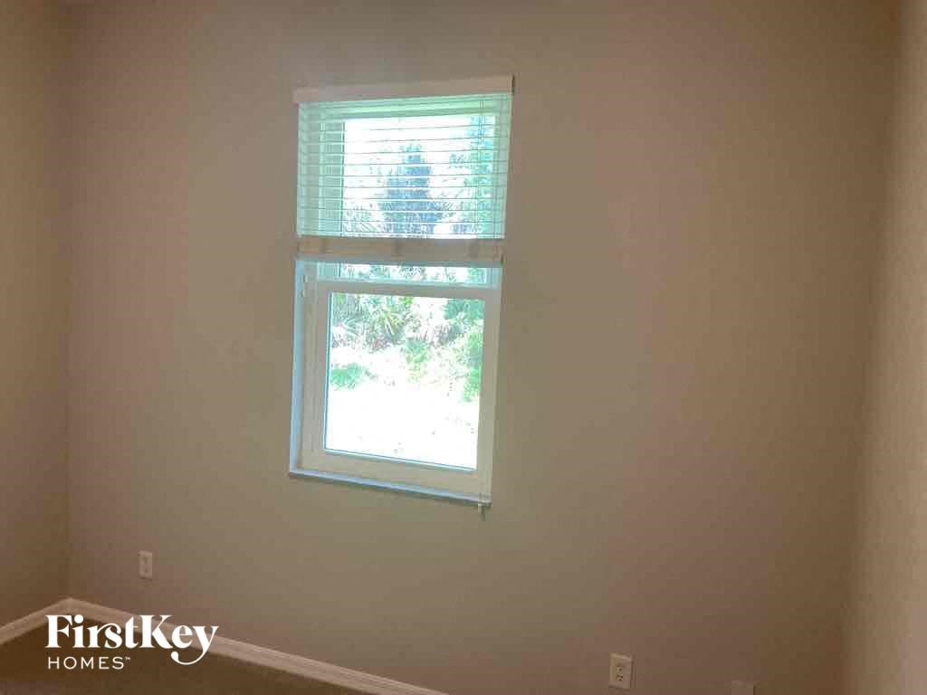 A room with a window showing a tree outside.