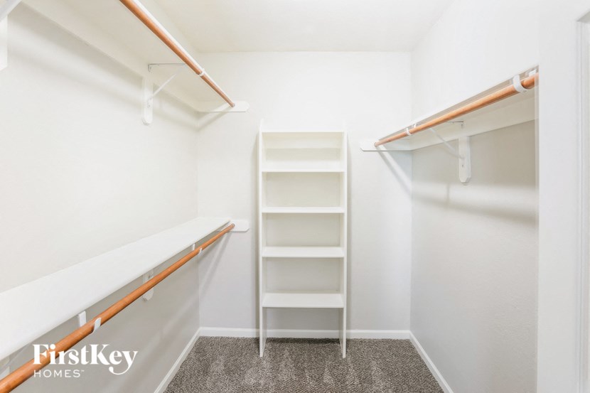 A white closet with a shelf and a carpeted floor.