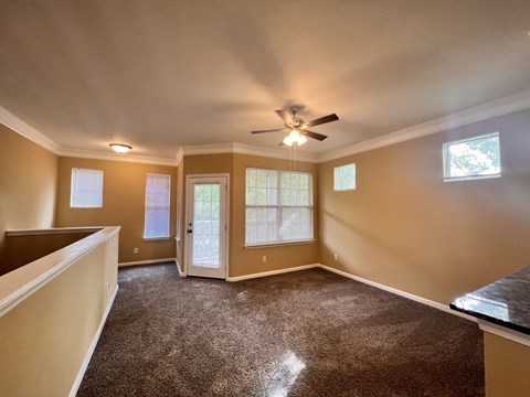 A room with a carpeted floor and a ceiling fan.