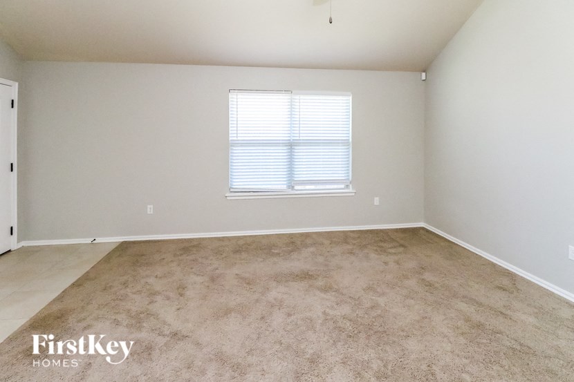 a carpeted room with a window and white walls