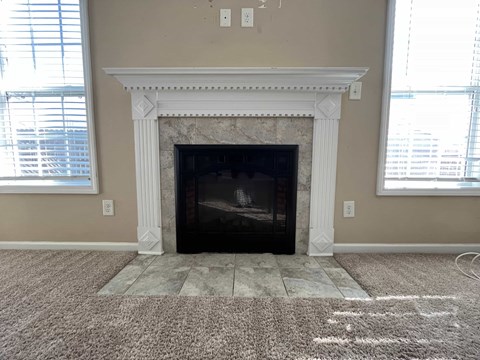 the living room has a fireplace and a carpeted floor