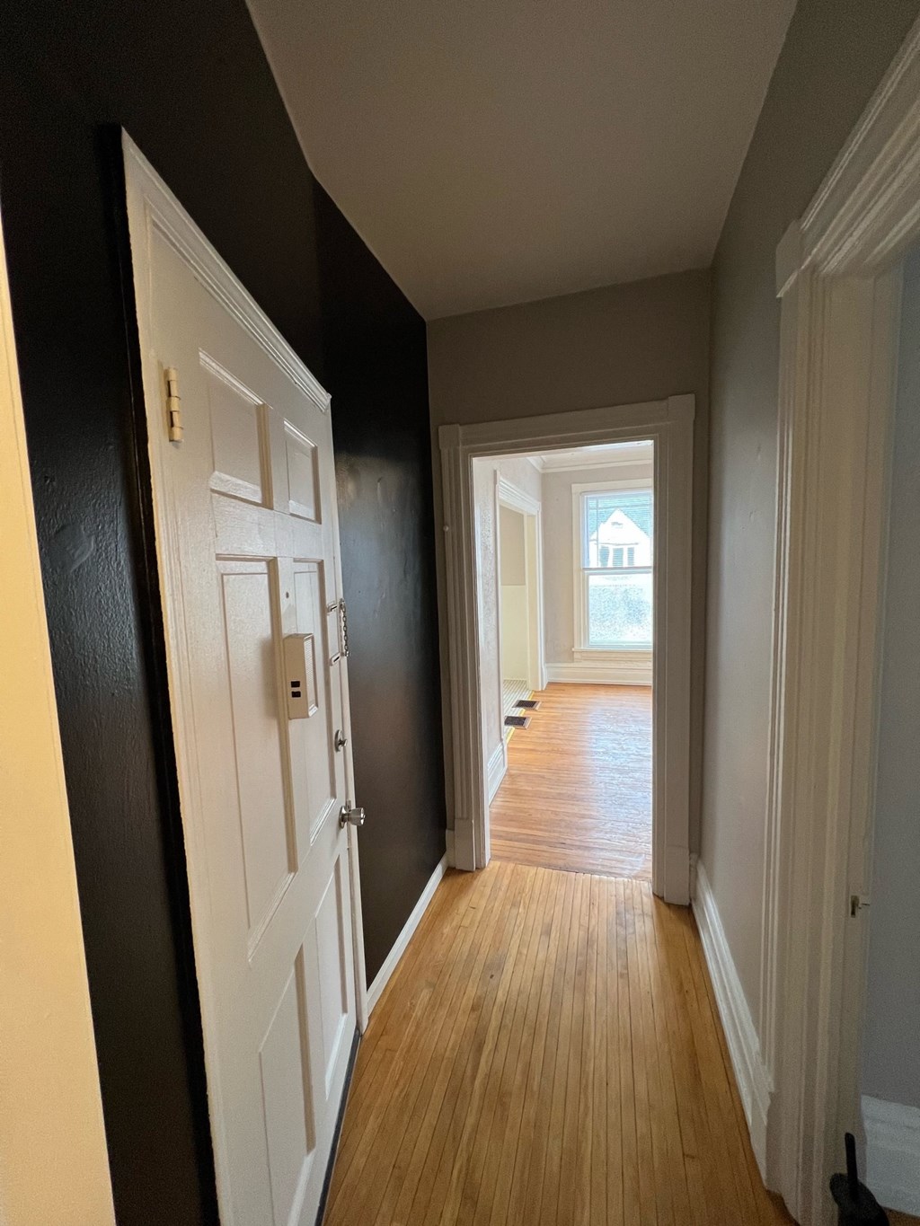 a view of a hallway with a white door and a wood floor