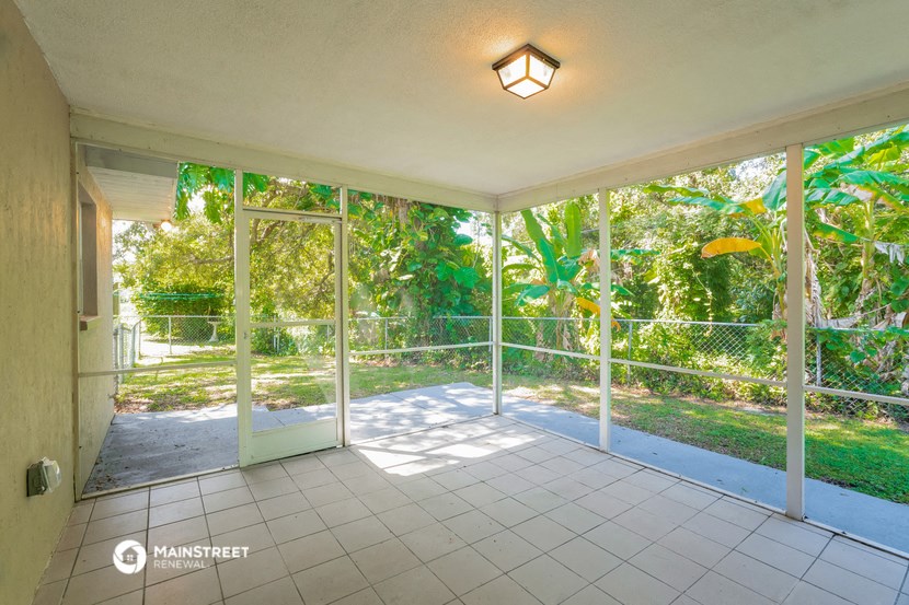 a view of the screened in patio from the inside of a house with glass doors