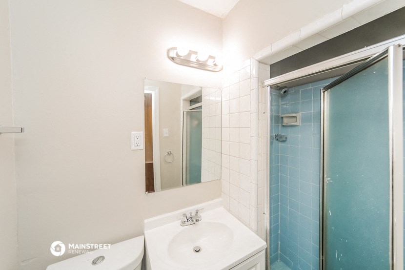 a bathroom with a sink and a mirror and a shower