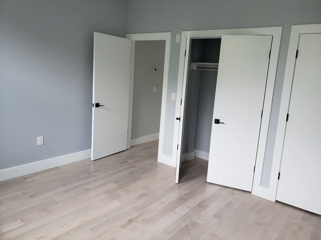 a bedroom with three closet doors and a wood floor