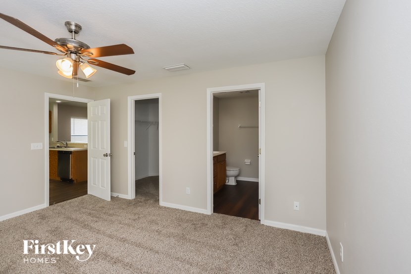 A carpeted room with a ceiling fan and three doors.