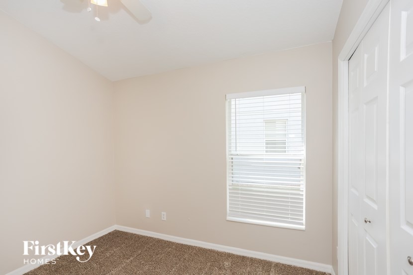 A room with a carpet floor, a ceiling fan, and a window with blinds.
